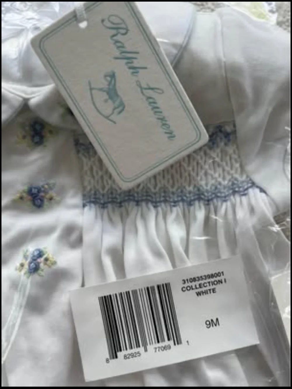 Ralph Lauren White Infant One-Piece with Light Blue Smocking